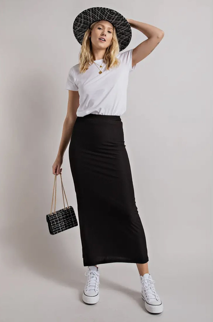 Weekender Ribbed Knit Midi Skirt with Side Slit