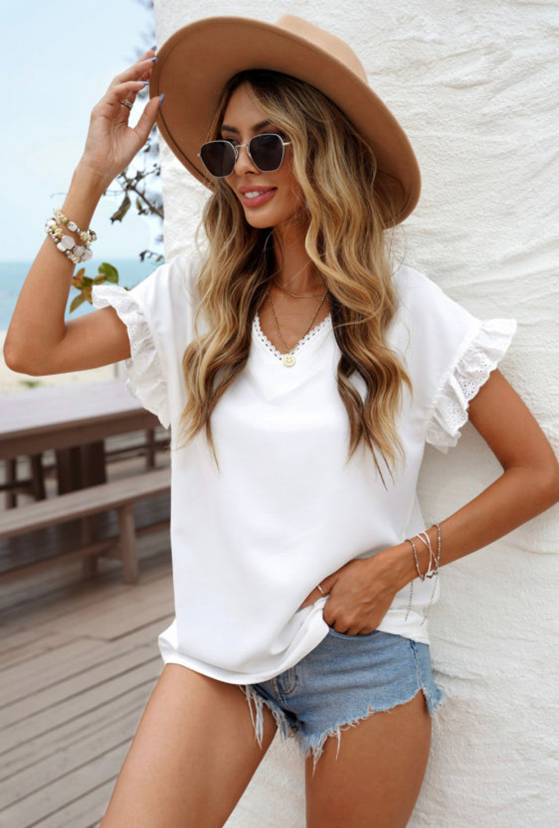 Elevated White Tee With Eyelet Detail Sleeve