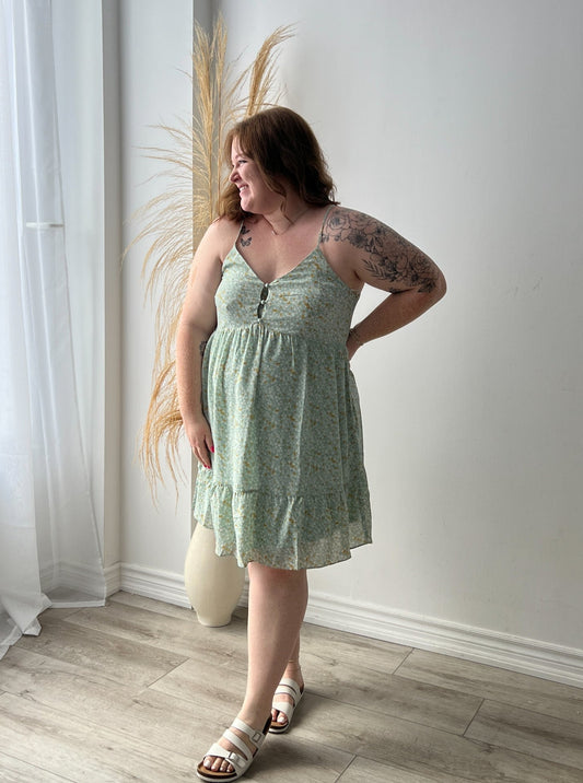 Mint to Be Ditsy Floral Halter Back Dress - 1X & 2X