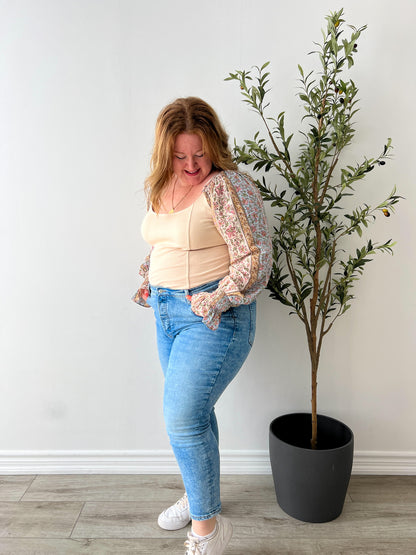 Stacy Floral Stripe Sleeve Ribbed Bodysuit - 1X,2X & 3X