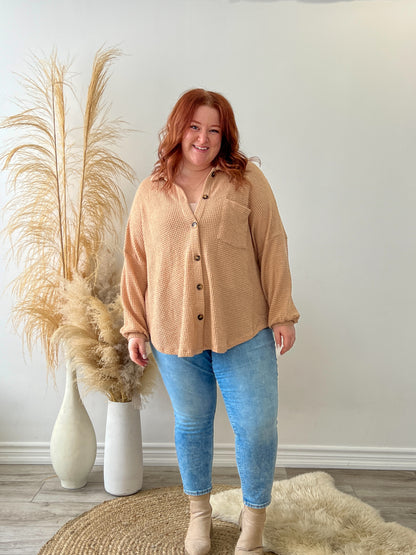 Toasty Texture Beige Waffle Knit Button Down Top