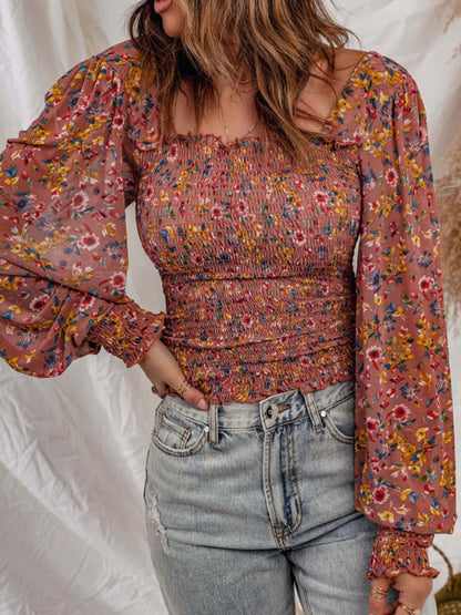 Autumn Flora Smocked Bodice Top