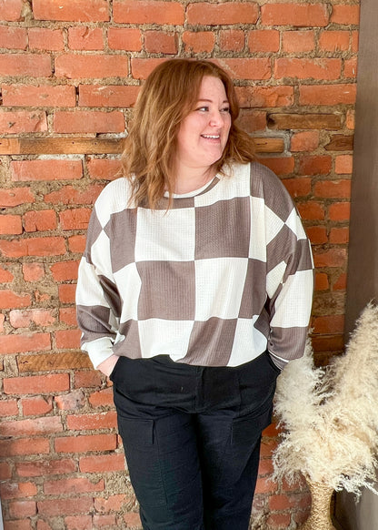 Brown Checkered Oversized Crewneck Top