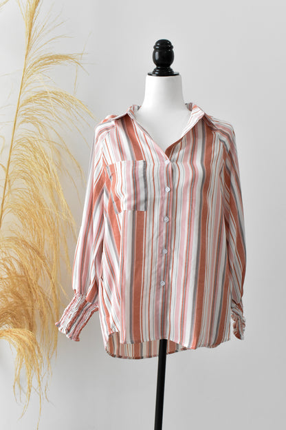 Striped Button Up Top with Cuff Detail - Medium & Large